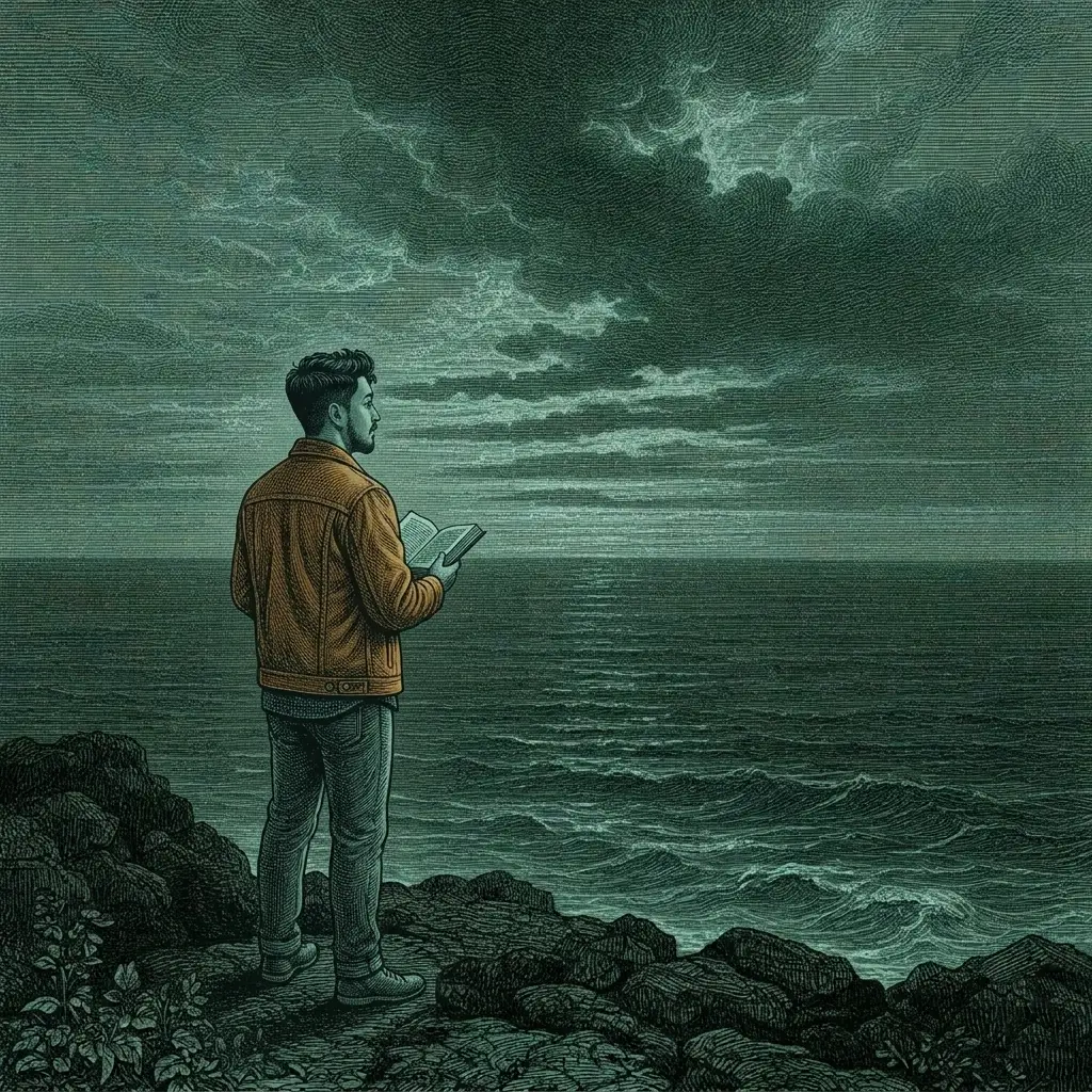 Engraved illustration of a scholar at the sea